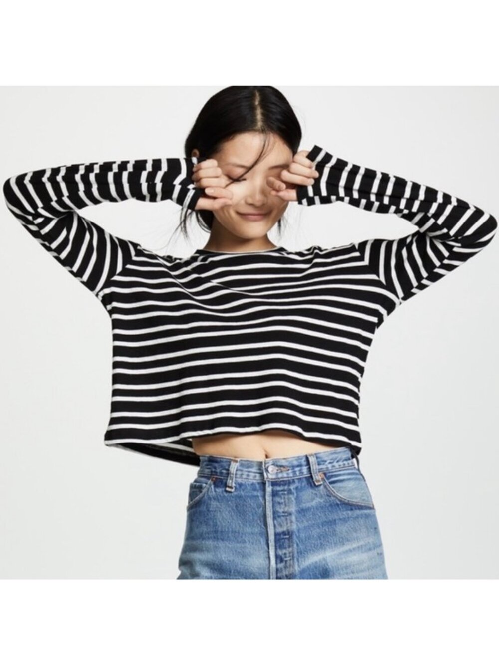 LNA Clothing Black White Striped Long Sleeve  Pullover Crop Top Size S Cotton